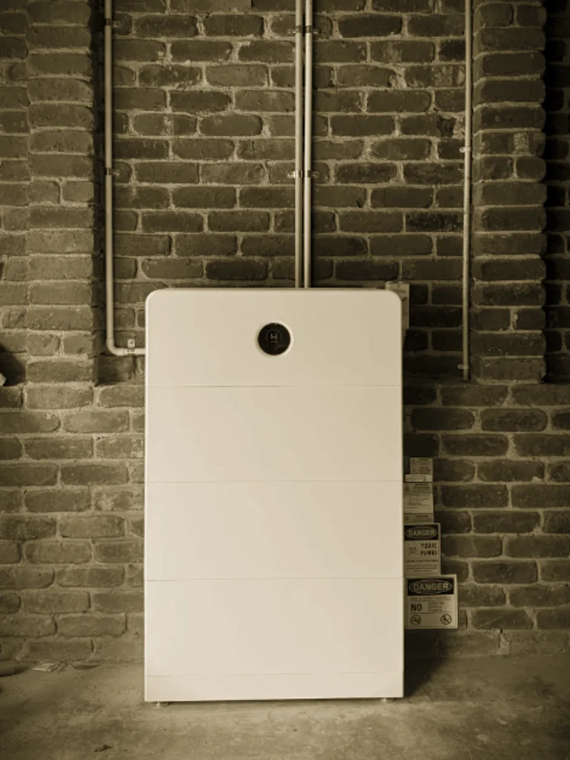 A white battery stack installed by Primero against an old brick wall