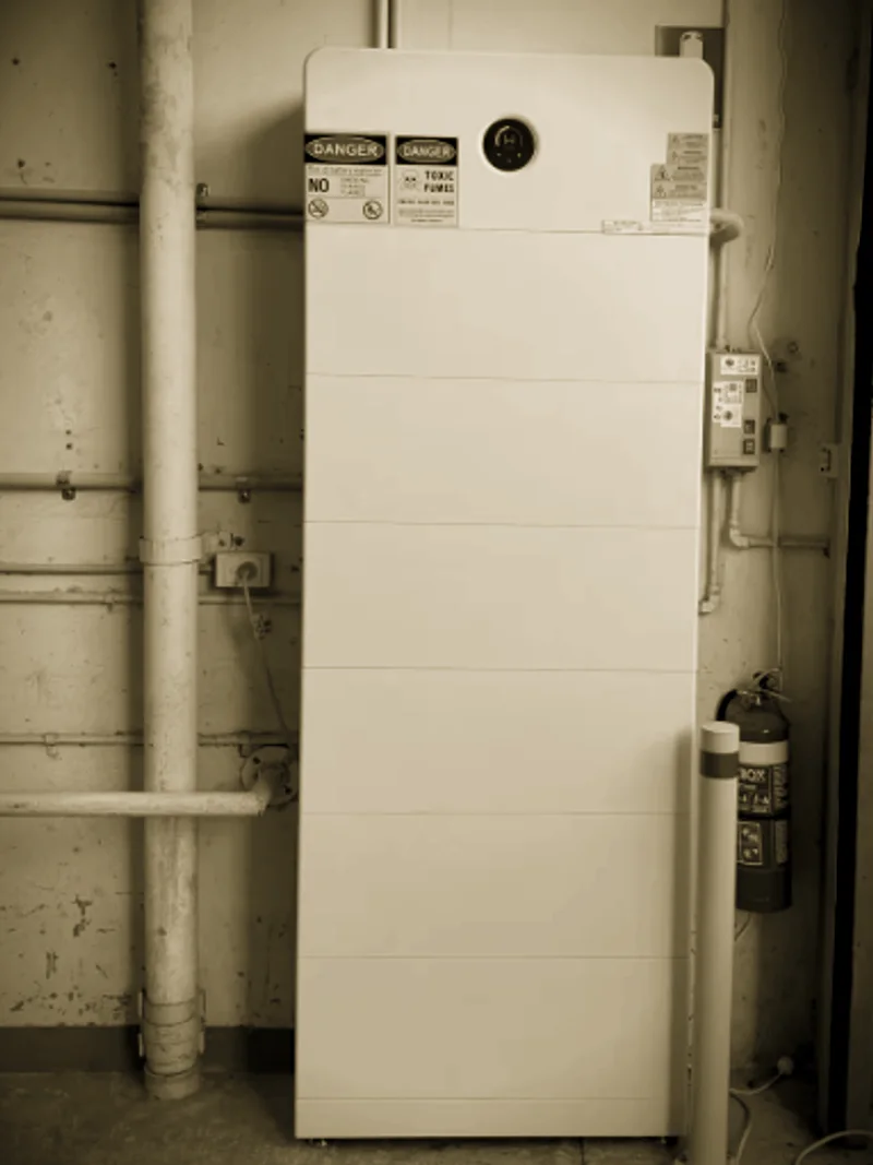 A tall white battery stack installed by Primero in a service area, behind a bollard