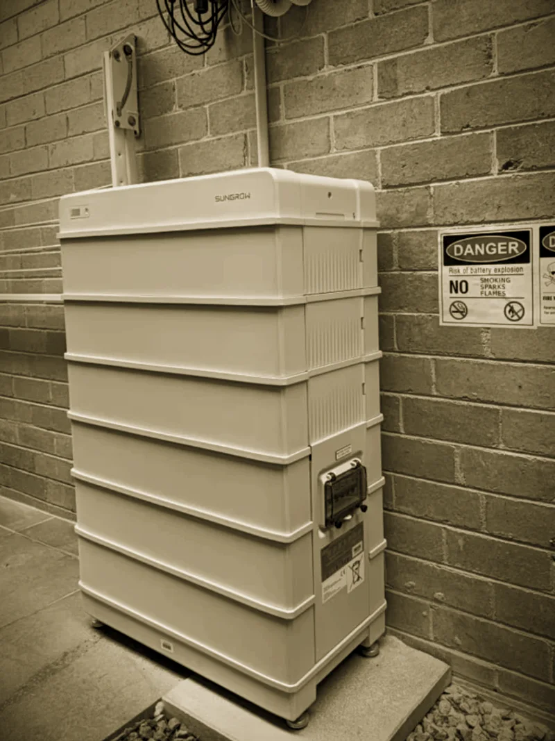 A Sungrow battery stack installed by Primero against a brick wall